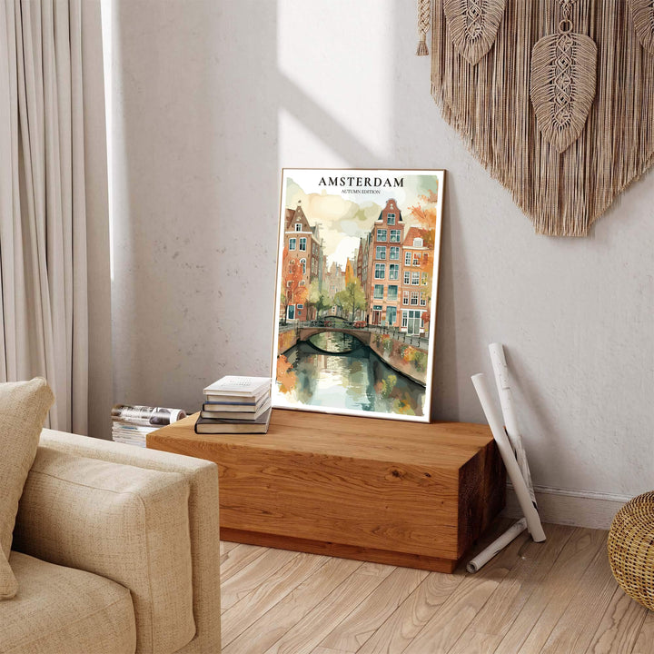 Cozy fall watercolor scene of historic Amsterdam gabled buildings surrounded by warm golden foliage, produced by MapYourDreams with options including fine art unframed paper prints, gallery canvas decor, or custom frame styles for living room and library wall spaces.