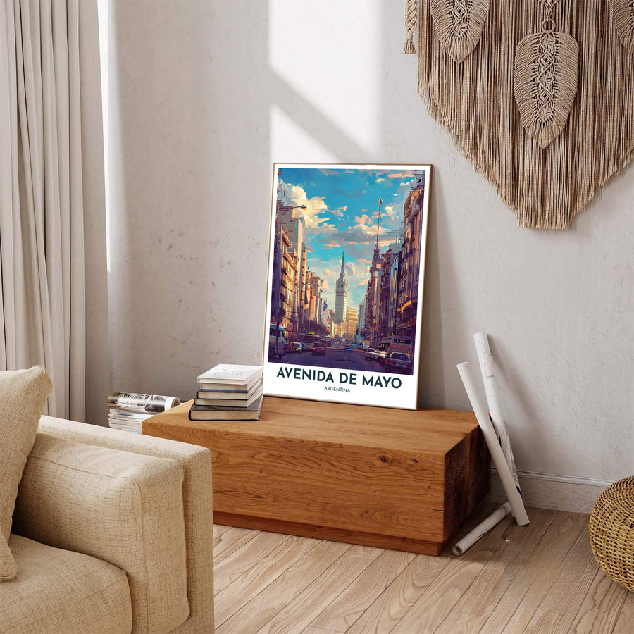 Charming travel art print depicting Avenida de Mayo with vibrant city energy and historic Argentine architecture. Available in the MapYourDreams studio, this print comes as unframed fine art paper, custom-framed wall art, or gallery wrapped canvas.