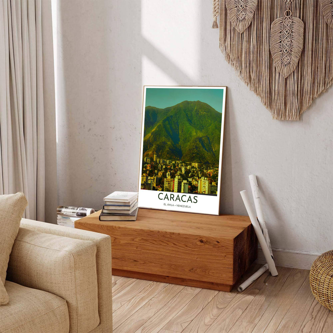 Beautiful South American landmark wall decor displaying the high-rise buildings and massive green peak of El Ávila in Caracas. Available through MapYourDreams, this print accommodates various display preferences, including unframed art paper, framed prints, or canvas wraps.
