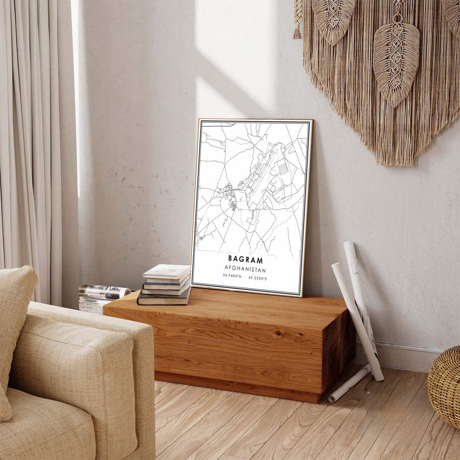 Black and white geographic cartography print of Bagram Afghanistan featuring detailed airfield layouts and clean borders, crafted by MapYourDreams as an unframed poster, gallery wrapped canvas print, or custom framed print in retro black and retro white frames for hallway display.