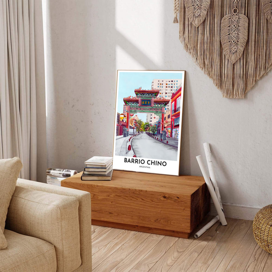 Atmospheric city street watercolor illustration of Barrio Chino in Buenos Aires featuring stone guardian lion sculptures and colorful facade details. Handcrafted by MapYourDreams, customers can select from convenient options like unframed prints, ready-to-hang wooden frames, or gallery canvas wraps.