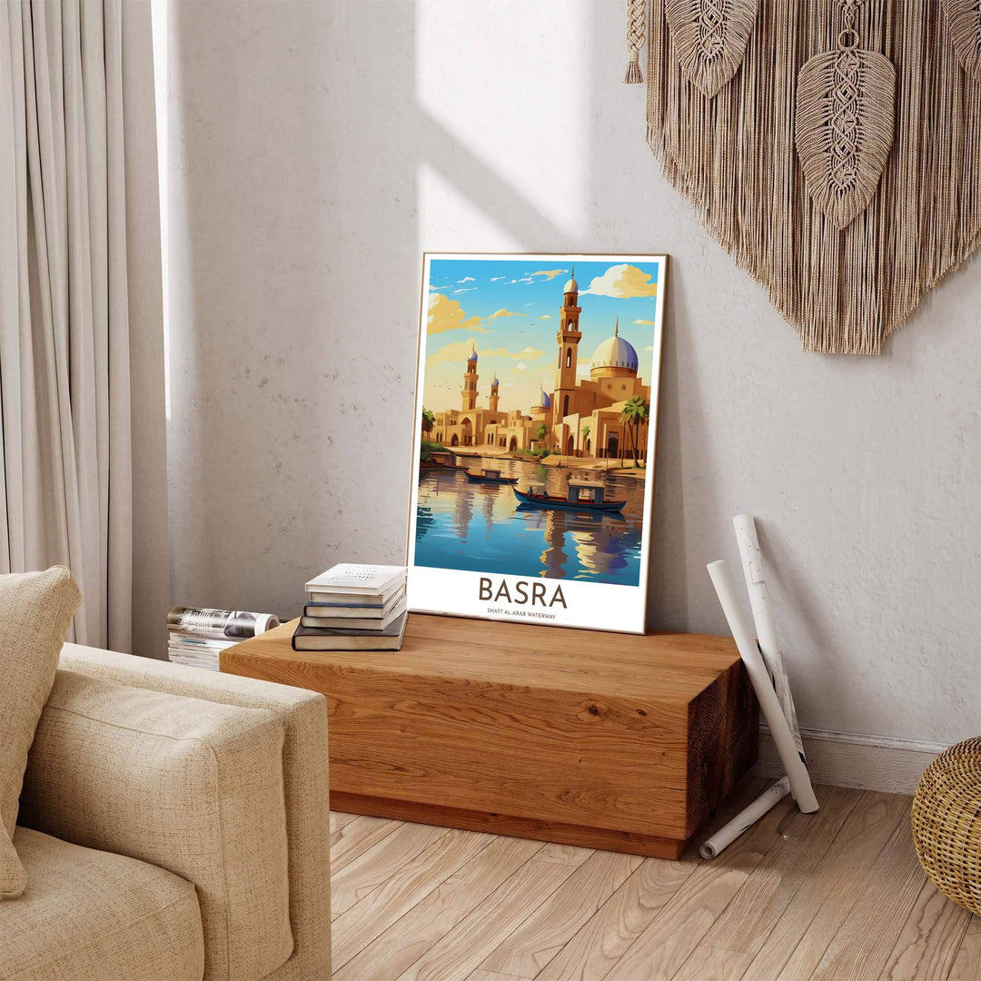 Nostalgic Basra Iraq travel poster displaying Shatt al-Arab waterway and palm fringed riverbank architecture. Offered by MapYourDreams, this artwork is available in flexible options including unframed paper, custom wooden frames, and gallery canvas wraps to enhance any wall space.