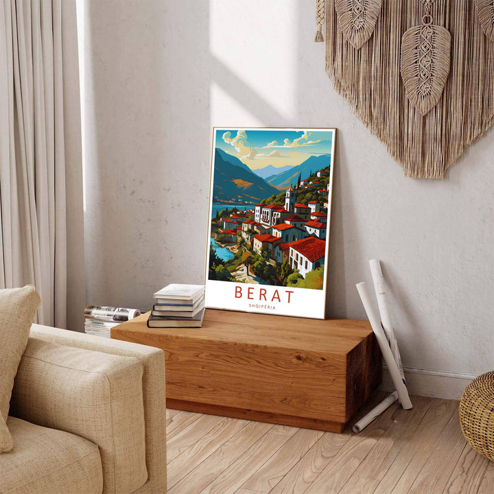 Beautiful European travel print featuring the historic city of Berat, combining Ottoman-era architectural details and mountain landscapes seamlessly. Offered by MapYourDreams, this artwork is available in flexible options including unframed paper, custom wooden frames, and gallery canvas wraps.