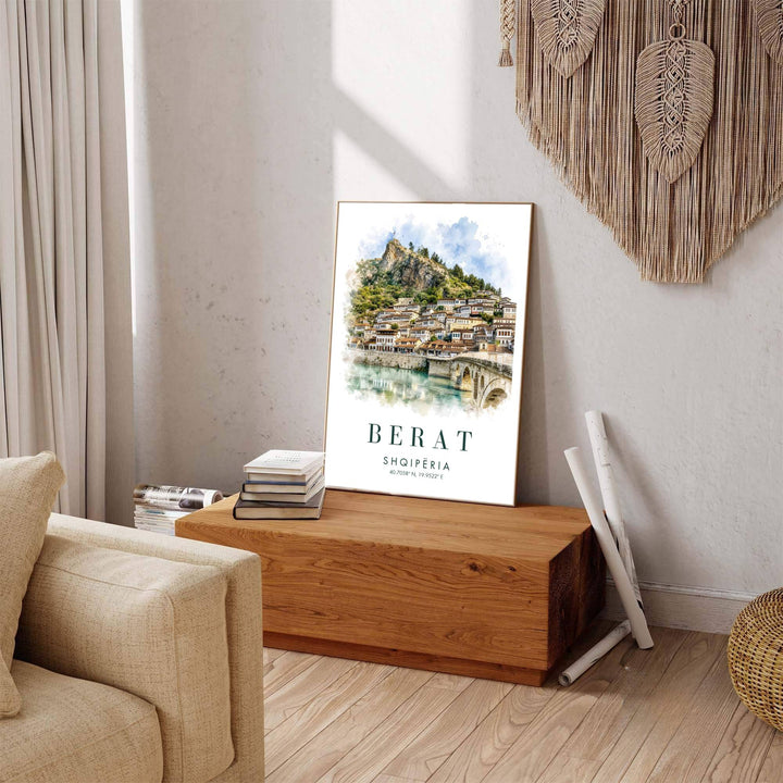 Beautiful European travel print featuring the historic Gorica Bridge and Berat Castle, combining delicate watercolor textures and landscape views. Offered by MapYourDreams, this artwork is available in flexible options including unframed paper, custom wooden frames, and gallery canvas wraps.