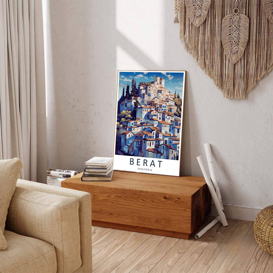 Mediterranean-inspired Albania travel art print featuring the historic Mangalem quarter in Berat, ideal for gallery wall arrangements and dining rooms. Offered by MapYourDreams, this artwork is available in flexible options including unframed paper, custom wooden frames, and gallery canvas wraps.