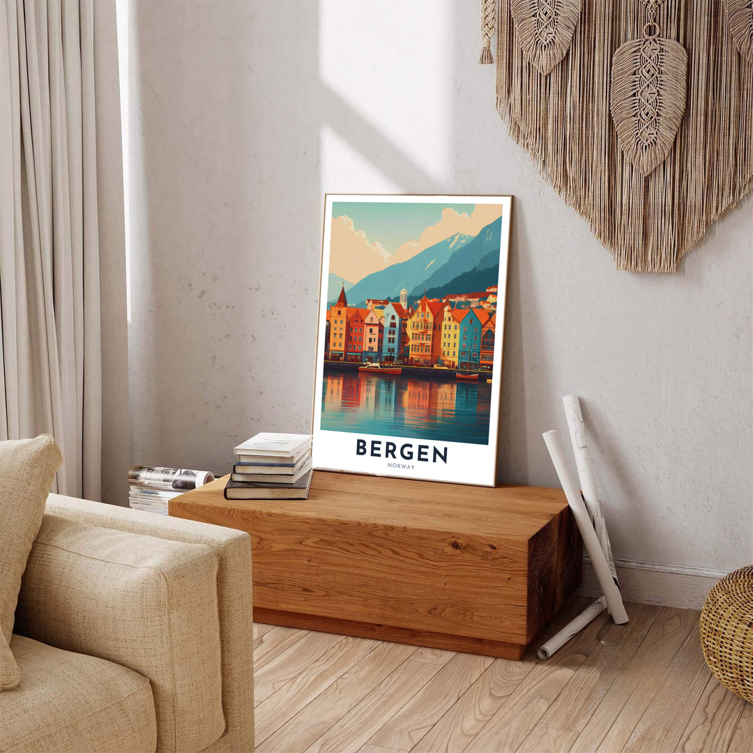 Vintage style travel illustration of Bryggen wharf in Bergen Norway featuring bold warm colors and clean graphic line work. Carefully produced for lasting beauty, this wall art selection includes versatile options like unframed art paper, solid wood framed prints, and textured canvas stretchers.
