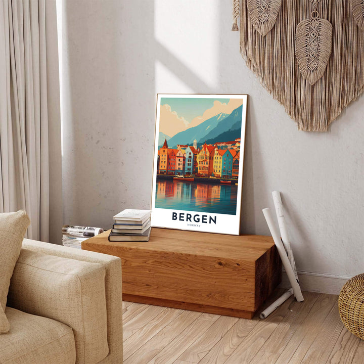 Vintage style travel illustration of Bryggen wharf in Bergen Norway featuring bold warm colors and clean graphic line work. Carefully produced for lasting beauty, this wall art selection includes versatile options like unframed art paper, solid wood framed prints, and textured canvas stretchers.