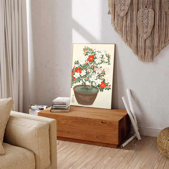 Vintage oriental floral artwork showing Ohara Koson azaleas in a brown pot inspired by Kamakura nature retreats. Explore ready-to-hang framed, unframed paper, and gallery canvas wall decor at MapYourDreams.