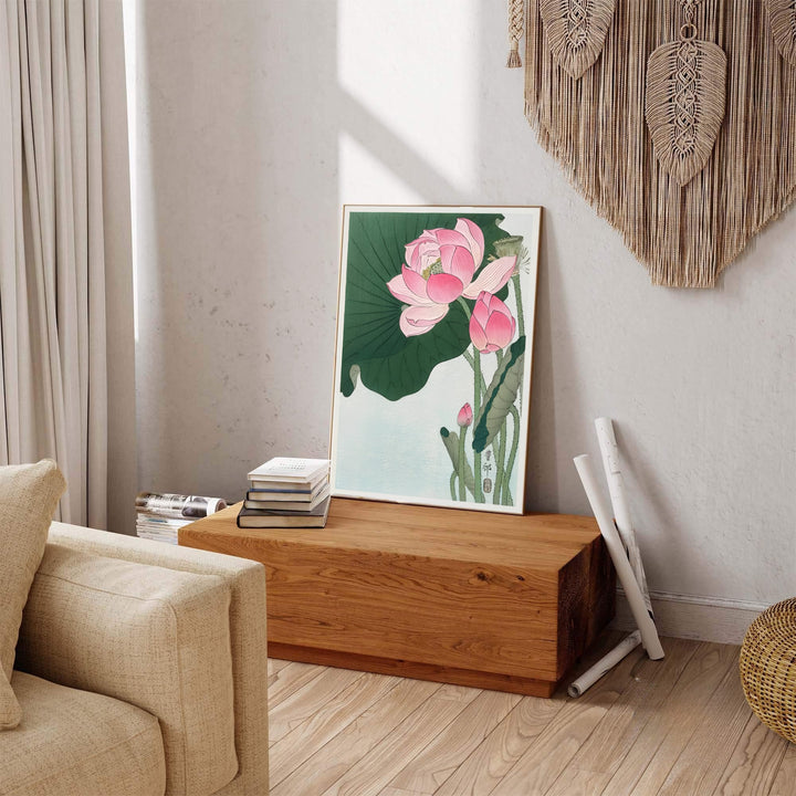 Vintage oriental floral artwork showing Ohara Koson lotus flowers inspired by Kamakura nature retreats. Explore ready-to-hang framed, unframed paper, and gallery canvas wall decor at MapYourDreams.