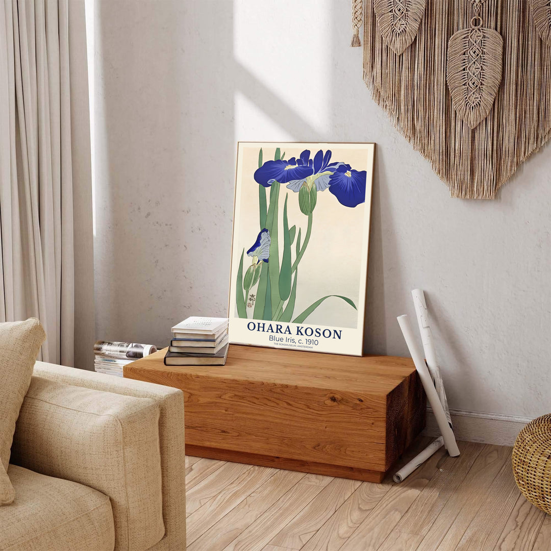 Vintage 1910 oriental floral artwork showing Ohara Koson blue iris flowers inspired by archive displays at The Rijksmuseum, Amsterdam. Explore ready-to-hang framed, unframed paper, and gallery canvas wall decor at MapYourDreams.