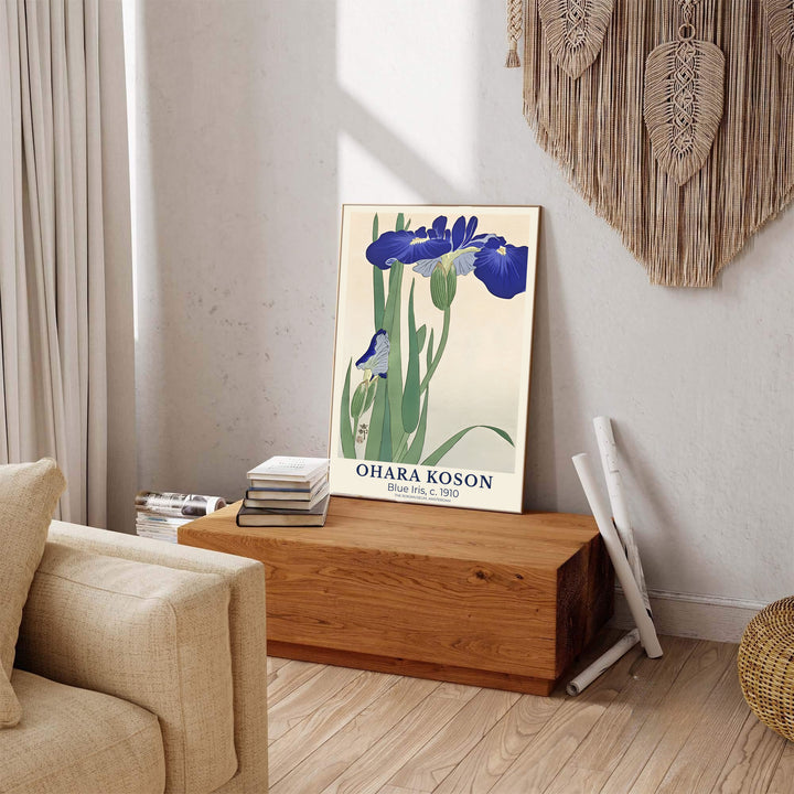 Vintage 1910 oriental floral artwork showing Ohara Koson blue iris flowers inspired by archive displays at The Rijksmuseum, Amsterdam. Explore ready-to-hang framed, unframed paper, and gallery canvas wall decor at MapYourDreams.