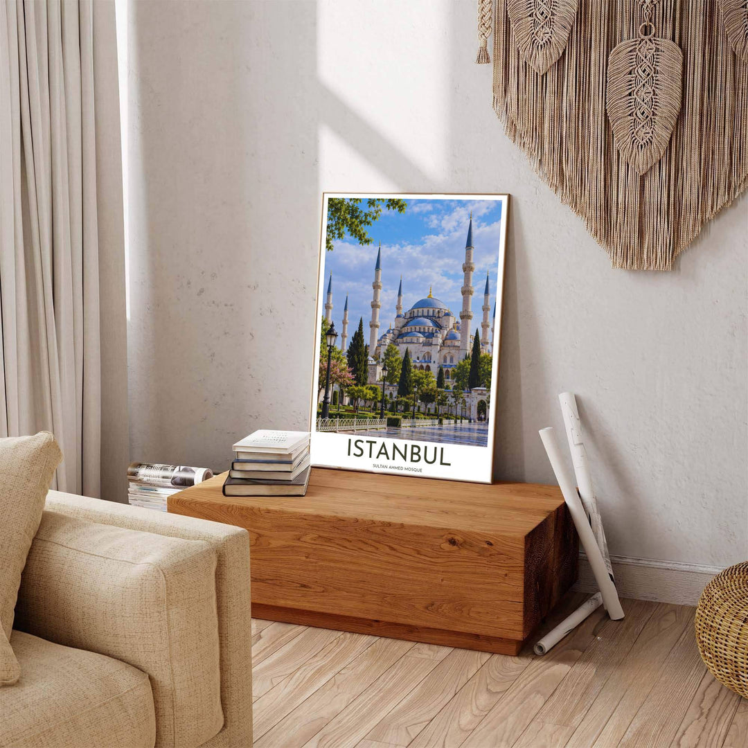 Architectural photo print of the sacred Sultan Ahmed Blue Mosque in Istanbul Turkey under bright sunny skies. Built by MapYourDreams, this artwork is available in flexible options including unframed paper, custom wooden frames, and gallery canvas wraps for modern apartment decor.