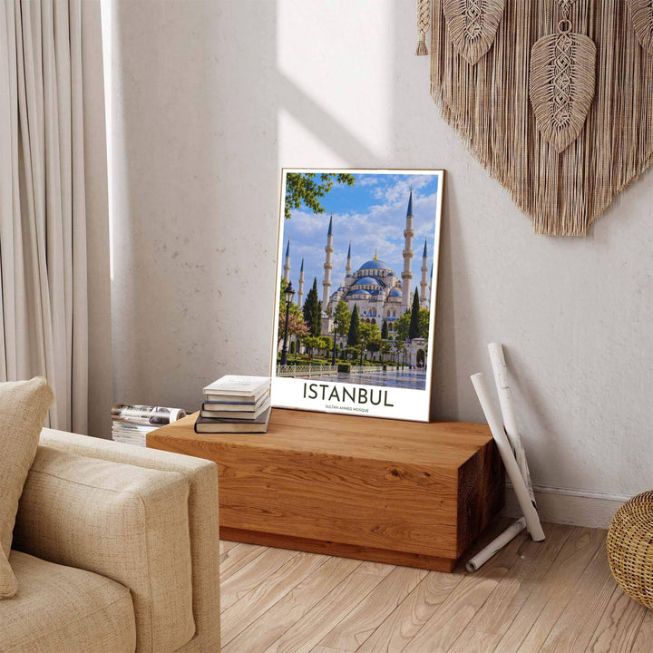 Architectural photo print of the sacred Sultan Ahmed Blue Mosque in Istanbul Turkey under bright sunny skies. Built by MapYourDreams, this artwork is available in flexible options including unframed paper, custom wooden frames, and gallery canvas wraps for modern apartment decor.