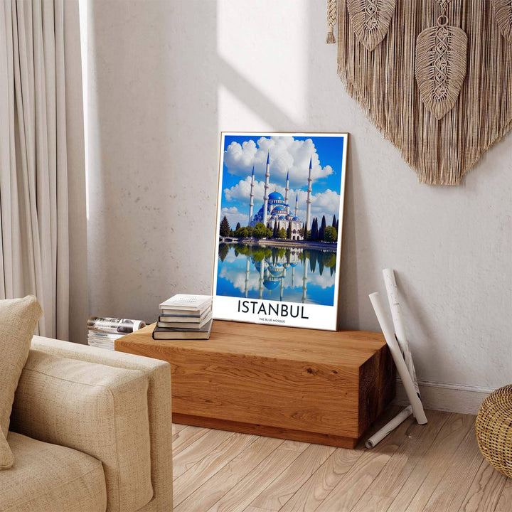 Scenic Istanbul Turkey poster displaying Blue Mosque water reflection with sleek title text at the bottom. Offered by MapYourDreams, this artwork is available in flexible options including unframed paper, custom wooden frames, and gallery canvas wraps to enhance any wall space.