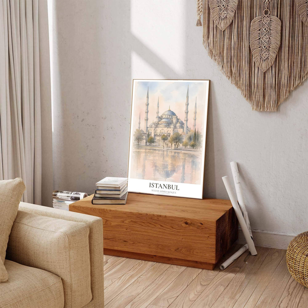 Scenic Istanbul Turkey poster displaying Blue Mosque water reflection with sleek title text at the bottom. Offered by MapYourDreams, this artwork is available in flexible options including unframed paper, custom wooden frames, and gallery canvas wraps to enhance any wall space.