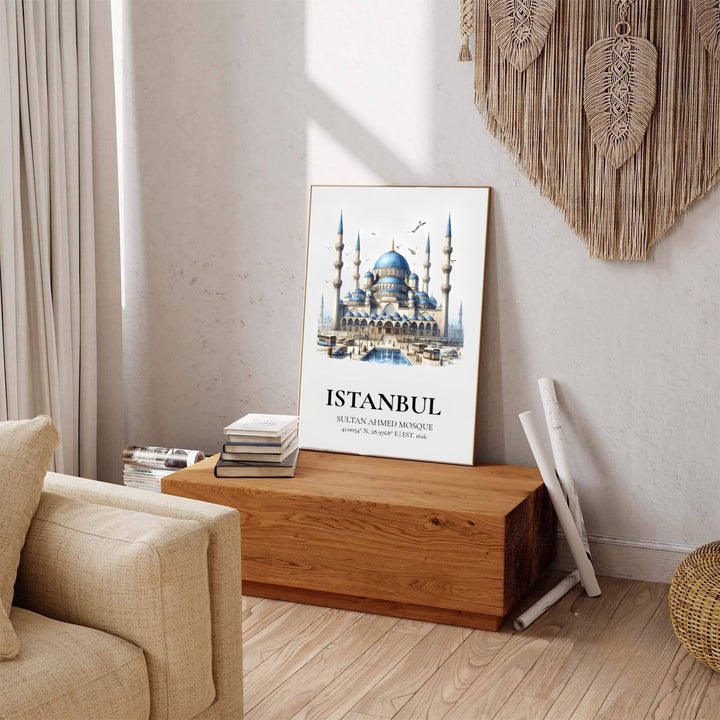 Scenic Istanbul Turkey poster displaying Blue Mosque artwork with bold title text and subtitle at the bottom. Offered by MapYourDreams, this artwork is available in flexible options including unframed paper, custom wooden frames, and gallery canvas wraps to enhance any wall space.