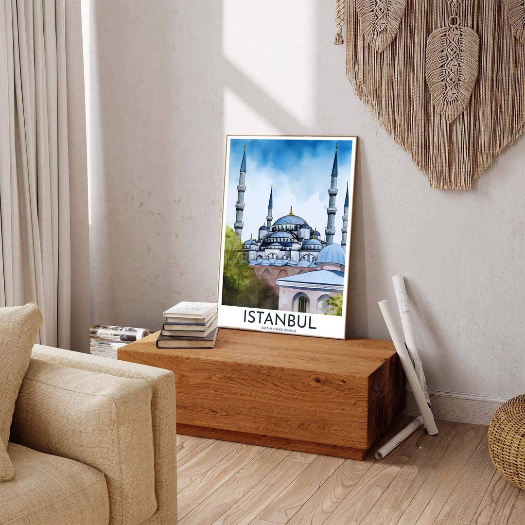 Architectural watercolor print of the sacred Sultan Ahmed Blue Mosque in Istanbul Turkey with crisp courtyard details. Built by MapYourDreams, this artwork is available in flexible options including unframed paper, custom wooden frames, and gallery canvas wraps for modern apartment decor.