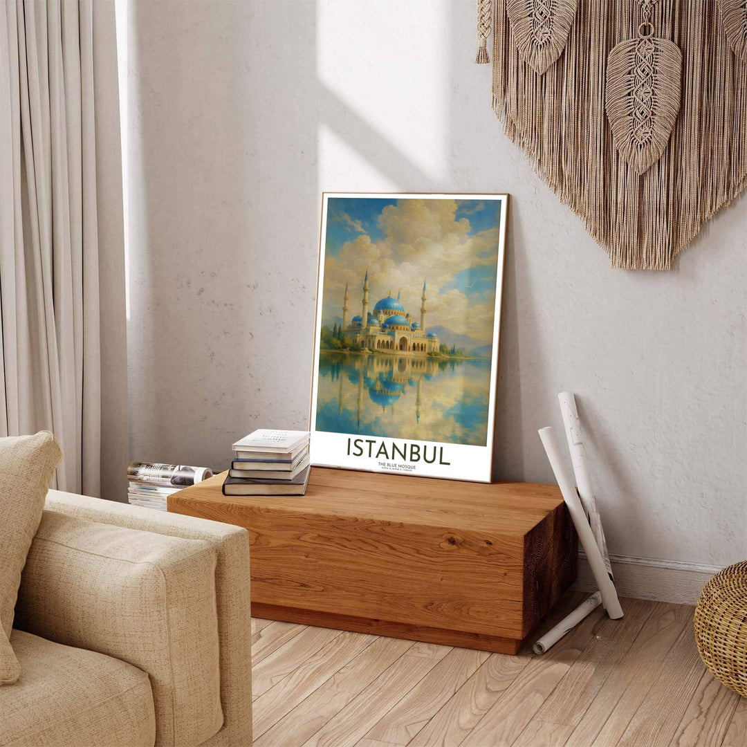 Scenic Istanbul Turkey poster displaying Blue Mosque oil painting artwork with sleek title text at the bottom. Offered by MapYourDreams, this artwork is available in flexible options including unframed paper, custom wooden frames, and gallery canvas wraps to enhance any wall space.