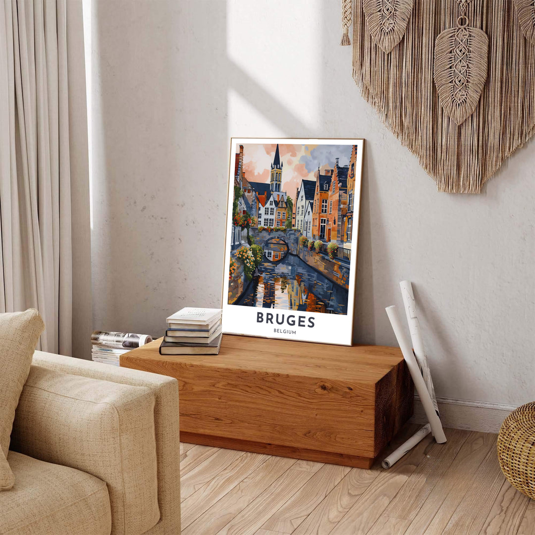 A vintage painted travel poster of Bruges, Belgium, featuring lower center text and a picturesque view of stone bridges over quiet canals. Available across multiple options including unframed art paper, custom framed poster styles, and gallery canvas wall displays.