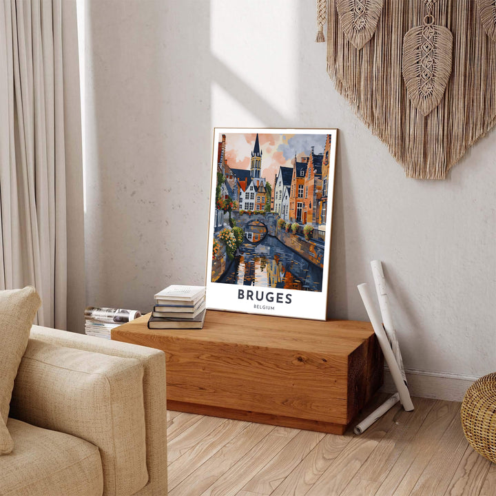A vintage painted travel poster of Bruges, Belgium, featuring lower center text and a picturesque view of stone bridges over quiet canals. Available across multiple options including unframed art paper, custom framed poster styles, and gallery canvas wall displays.