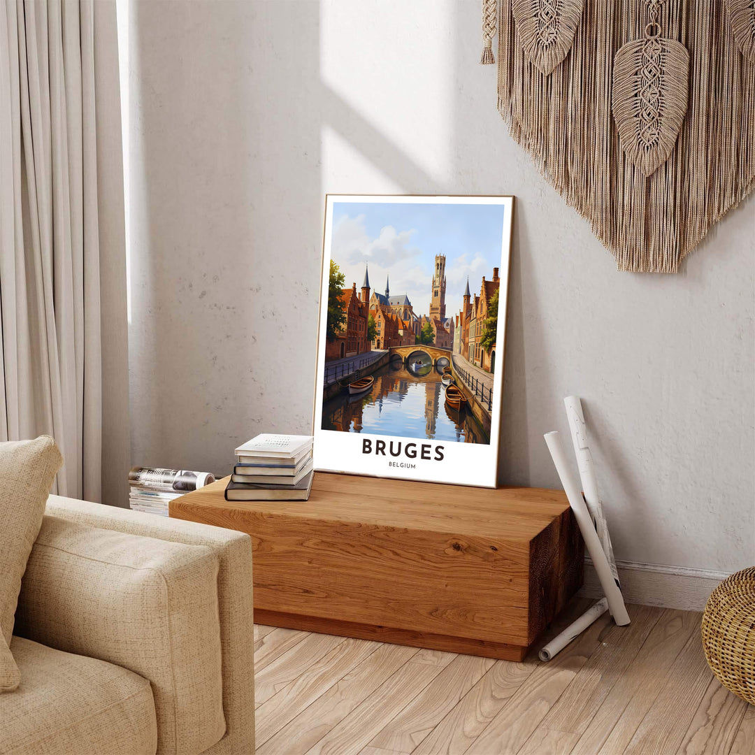 A modern travel poster depicting the canal reflections, moored boats, and Belfry of Bruges, Belgium, with title text reading Bruges Belgium. Available across multiple options including unframed art paper, custom framed poster styles, and gallery canvas wall displays.