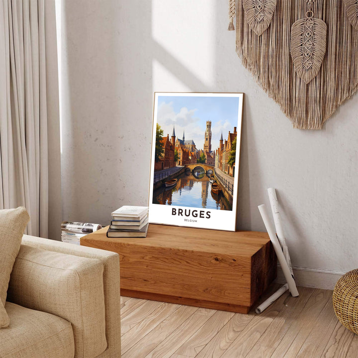 A modern travel poster depicting the canal reflections, moored boats, and Belfry of Bruges, Belgium, with title text reading Bruges Belgium. Available across multiple options including unframed art paper, custom framed poster styles, and gallery canvas wall displays.