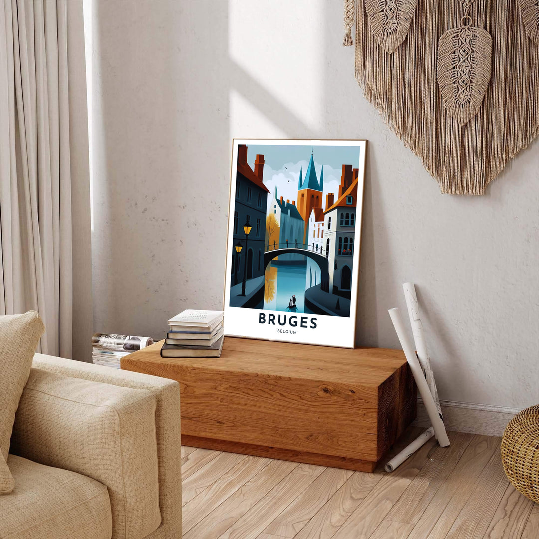 Detailed modern architectural wall art presenting a canal view toward a tall teal church spire in Bruges, Belgium, with high-contrast color blocking. Offered by MapYourDreams, this artwork is available in flexible options including unframed paper, custom wooden frames, and gallery canvas wraps.