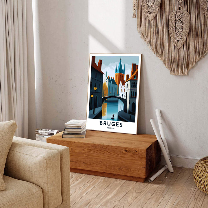 Detailed modern architectural wall art presenting a canal view toward a tall teal church spire in Bruges, Belgium, with high-contrast color blocking. Offered by MapYourDreams, this artwork is available in flexible options including unframed paper, custom wooden frames, and gallery canvas wraps.