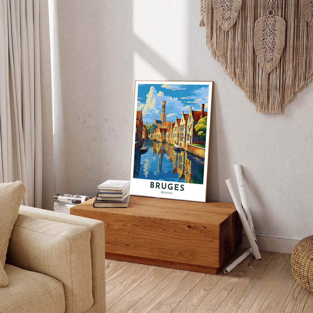 A modern travel poster depicting canal reflections and the Belfry of Bruges, Belgium, with bold text reading Bruges Belgium at the bottom. Available across multiple options including unframed art paper, custom framed poster styles, and gallery canvas wall displays.