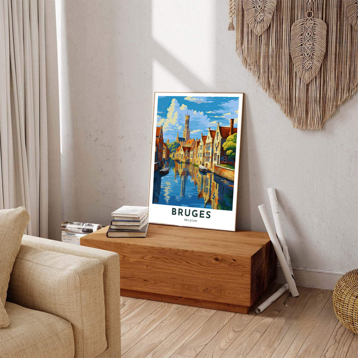 A modern travel poster depicting canal reflections and the Belfry of Bruges, Belgium, with bold text reading Bruges Belgium at the bottom. Available across multiple options including unframed art paper, custom framed poster styles, and gallery canvas wall displays.