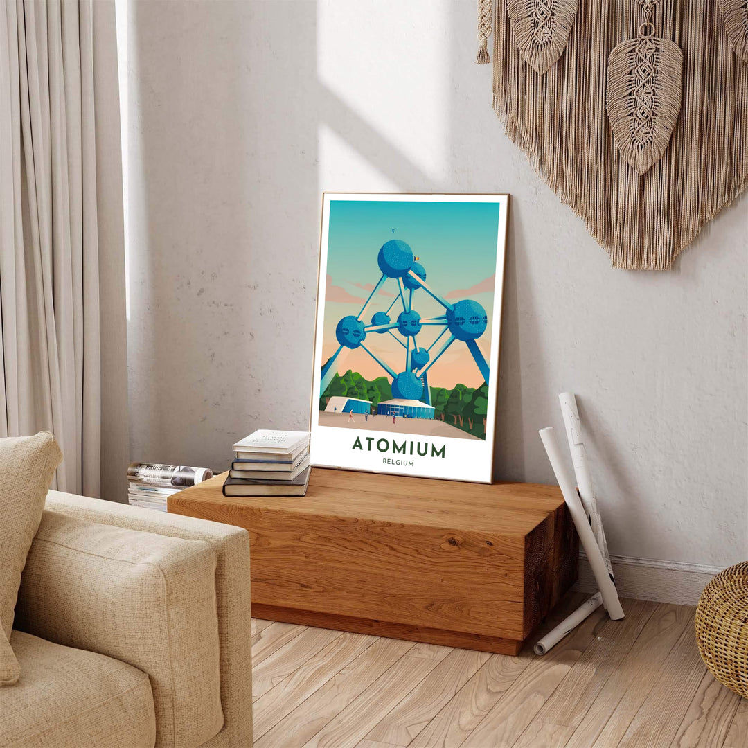 A picturesque modern print featuring the Atomium of Brussels, Belgium, highlighted against a peaceful sunset sky with elegant typography. Available across multiple options including unframed art paper, custom framed poster styles, and gallery canvas wall displays.