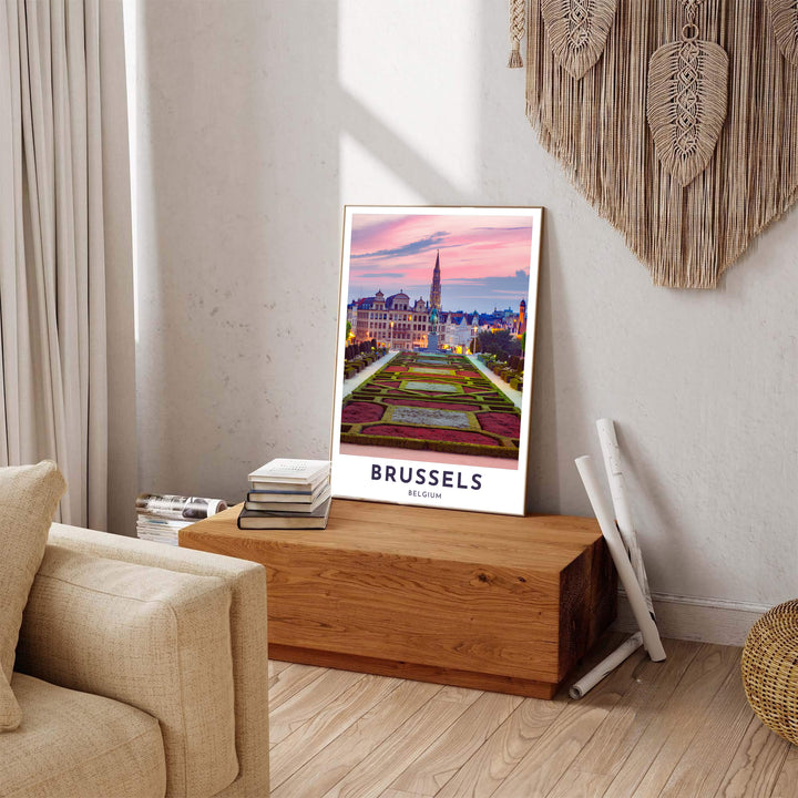 A serene travel photograph capturing the iconic Mont des Arts view in Brussels, Belgium, highlighting the famous Town Hall tower at dusk. Available across multiple options including unframed art paper, custom framed poster styles, and gallery canvas wall displays.