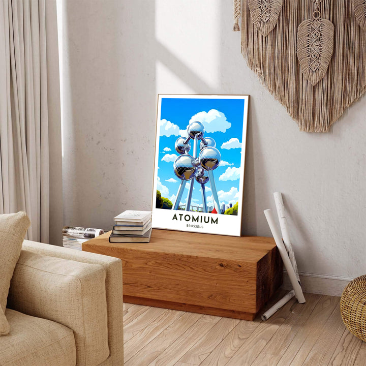 A serene vector photograph capturing the iconic Atomium structure in Brussels, Belgium, highlighting metallic highlights and clean blue skies. Available across multiple options including unframed art paper, custom framed poster styles, and gallery canvas wall displays.