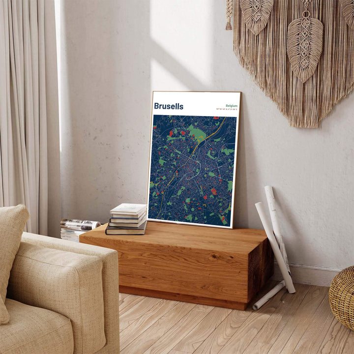 Minimalist travel decor featuring a detailed road map of Brussels, Belgium, with clean white grid lines and bold header typography. Available across multiple options including unframed art paper, custom framed poster styles, and gallery canvas wall displays.