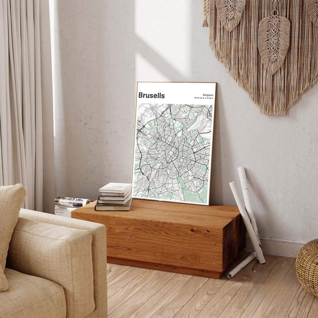 Crisp geometric street map print highlighting the roadways and parks of Brussels, Belgium, against a white backdrop. Offered by MapYourDreams, this artwork is available in flexible options including unframed paper, custom wooden frames, and gallery canvas wraps.