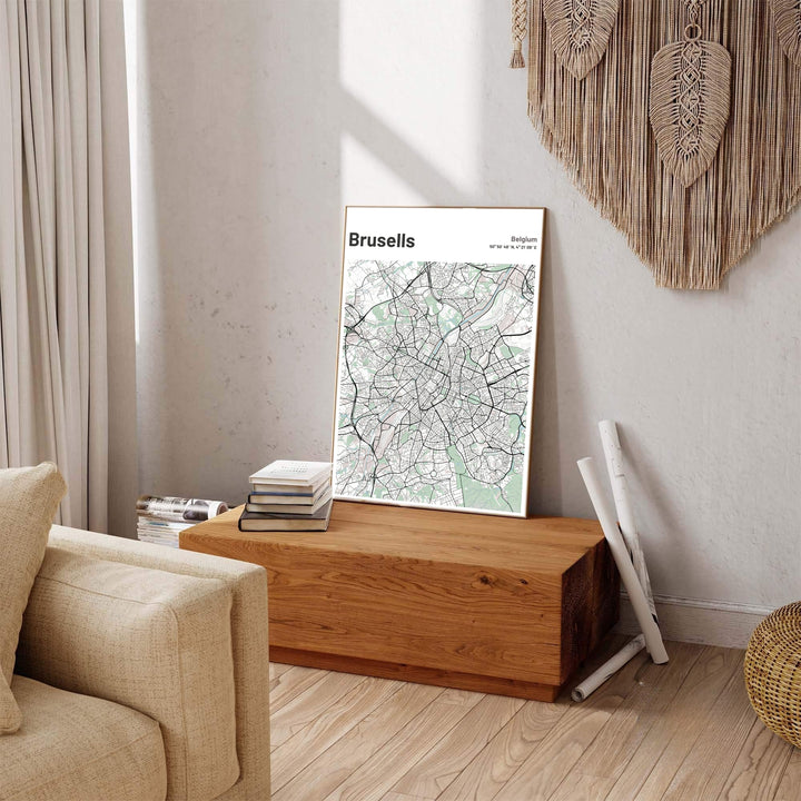 Crisp geometric street map print highlighting the roadways and parks of Brussels, Belgium, against a white backdrop. Offered by MapYourDreams, this artwork is available in flexible options including unframed paper, custom wooden frames, and gallery canvas wraps.