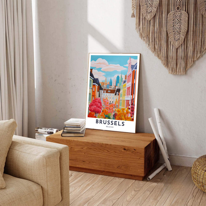Expressive travel wall art displaying the historic townhouses and vibrant red autumn trees of Brussels, Belgium, with clean bottom typography. Available across multiple options including unframed art paper, custom framed poster styles, and gallery canvas wall displays.