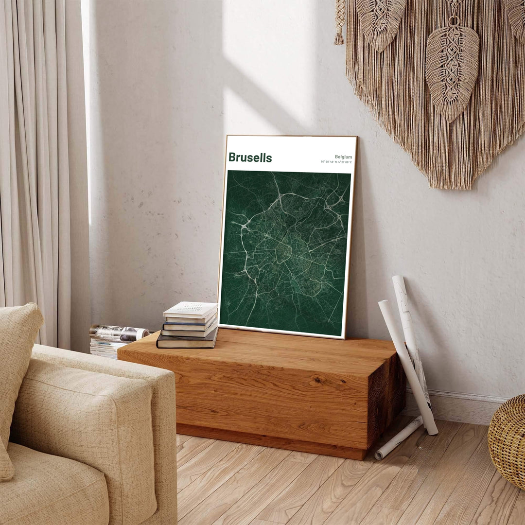 Minimalist travel decor featuring a detailed street map of Brussels, Belgium, with light line contrast and clean header typography. Available across multiple options including unframed art paper, custom framed poster styles, and gallery canvas wall displays.
