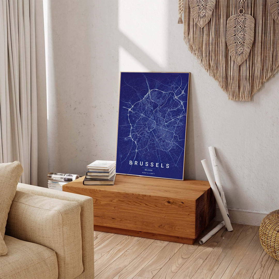 Minimalist travel decor featuring a detailed street map of Brussels, Belgium, with white line contrast and clean bottom typography. Available across multiple options including unframed art paper, custom framed poster styles, and gallery canvas wall displays.