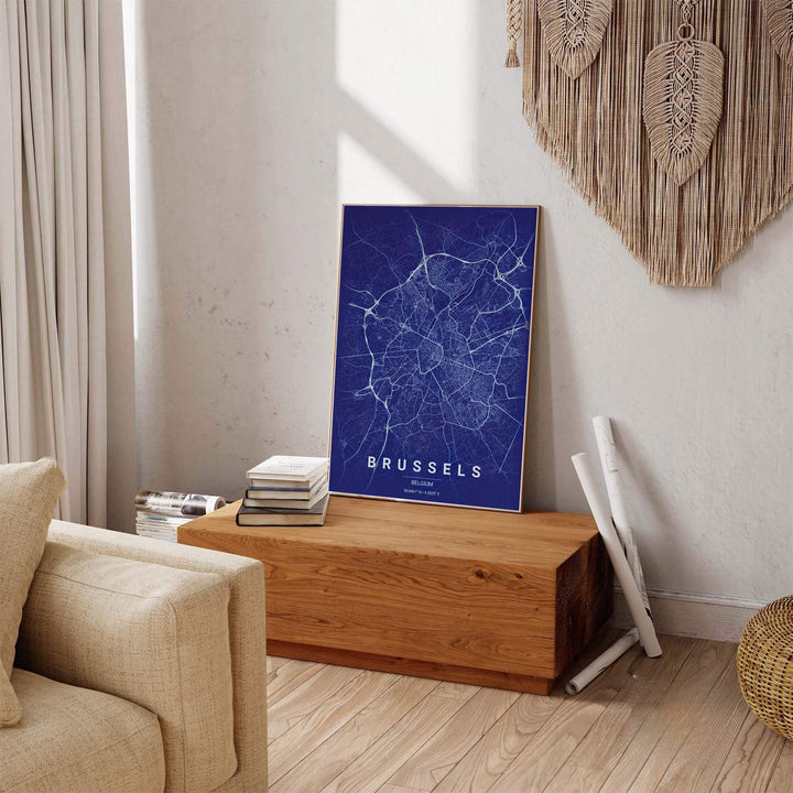 Minimalist travel decor featuring a detailed street map of Brussels, Belgium, with white line contrast and clean bottom typography. Available across multiple options including unframed art paper, custom framed poster styles, and gallery canvas wall displays.