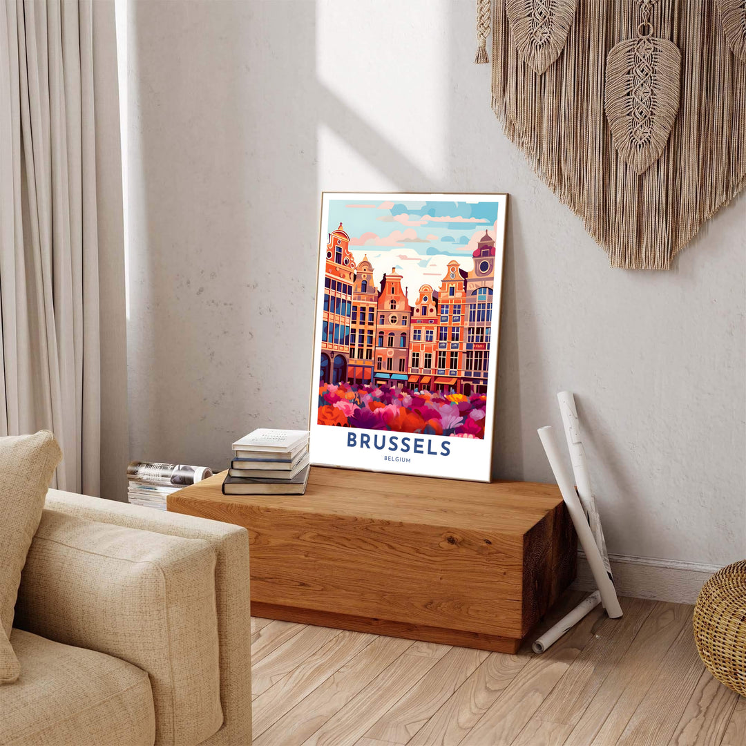 Crisp graphic art poster highlighting the gables and windows of the historic guild houses in Brussels Grand Place in Belgium. Offered by MapYourDreams, this artwork is available in flexible options including unframed paper, custom wooden frames, and gallery canvas wraps.