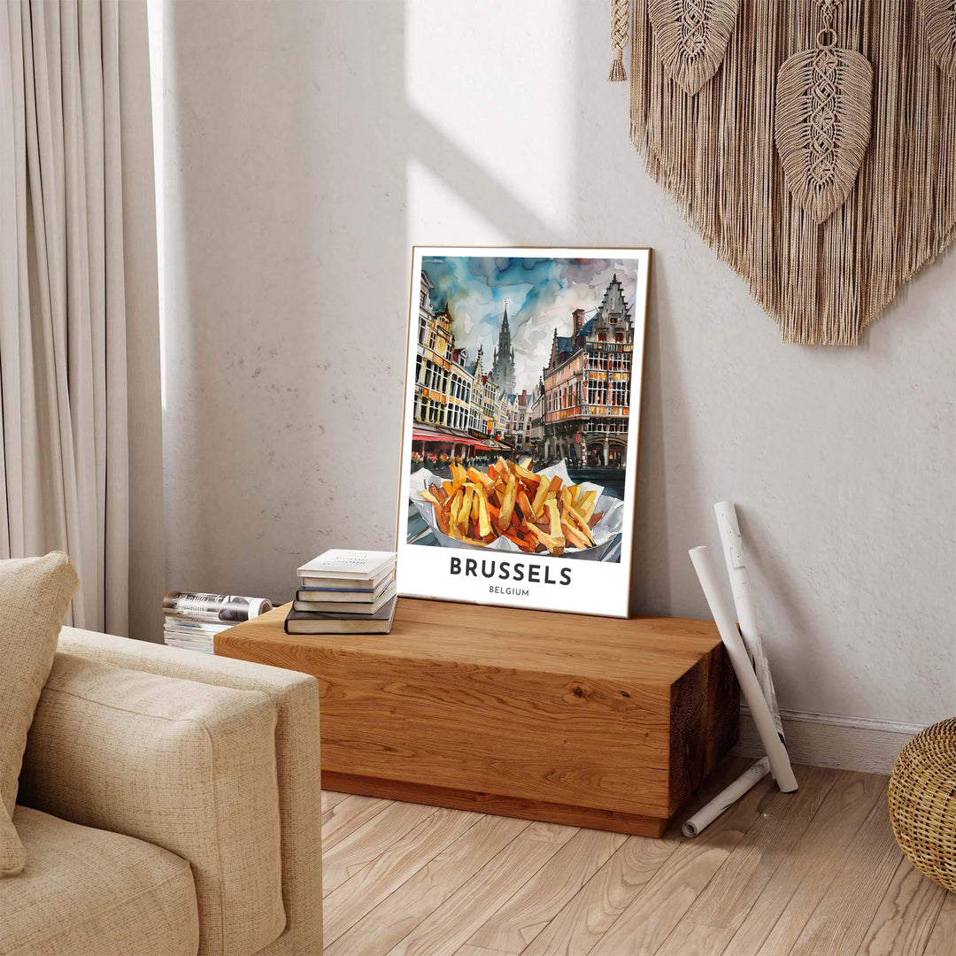 Mouthwatering culinary travel print capturing crispy frites in front of the landmark buildings of Brussels Grand Place in Belgium. Available across multiple options including unframed art paper, custom framed poster styles, and gallery canvas wall displays.