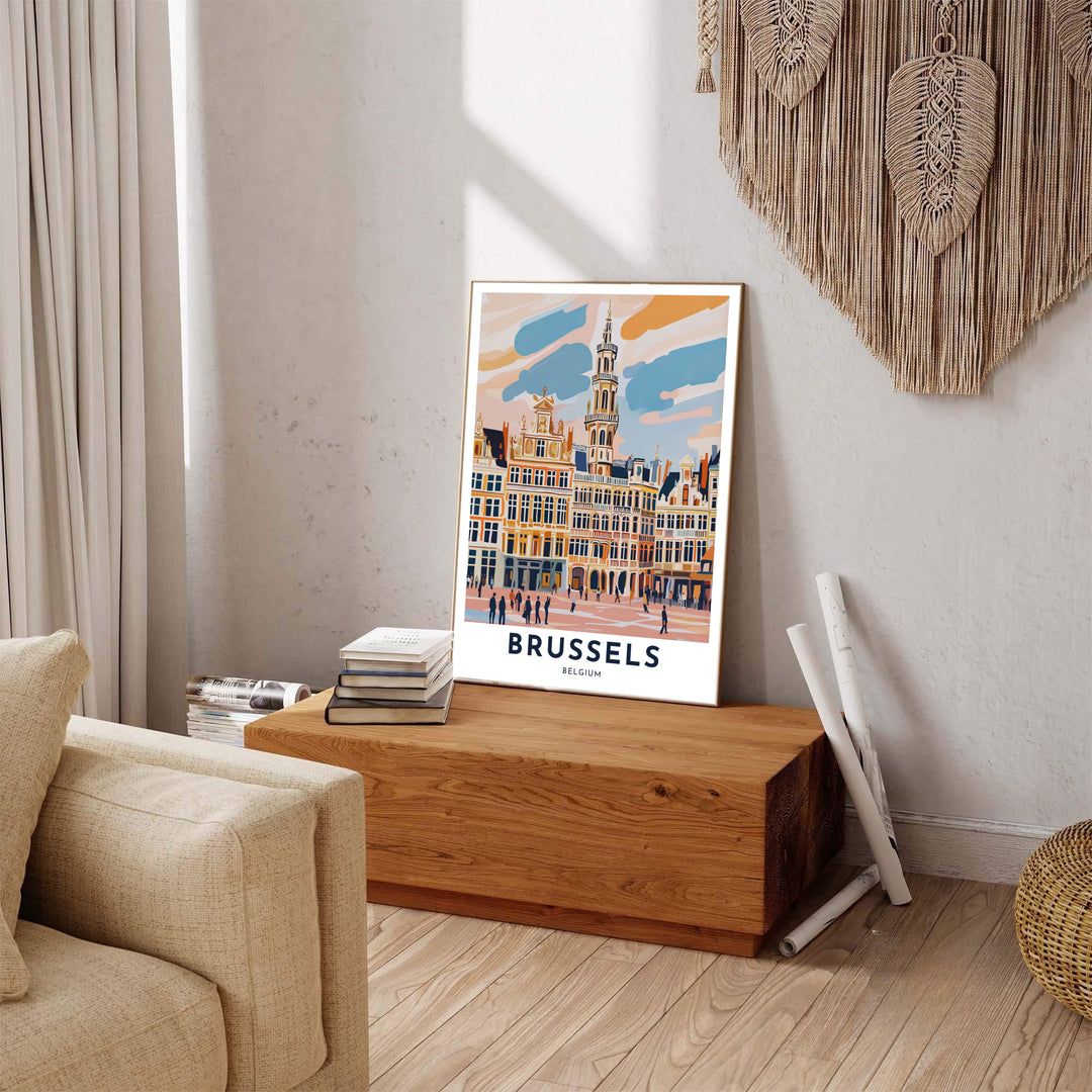 Minimalist European travel artwork featuring subtle pedestrian silhouettes walking across the plaza of Brussels Grand Place in Belgium. Available across multiple options including unframed art paper, custom framed poster styles, and gallery canvas wall displays.