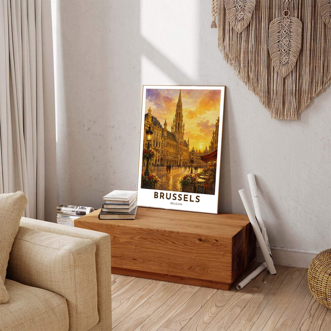 Captivating European travel print capturing pedestrians strolling across the illuminated square of Brussels Grand Place in Belgium at dusk. Available across multiple options including unframed art paper, custom framed poster styles, and gallery canvas wall displays.