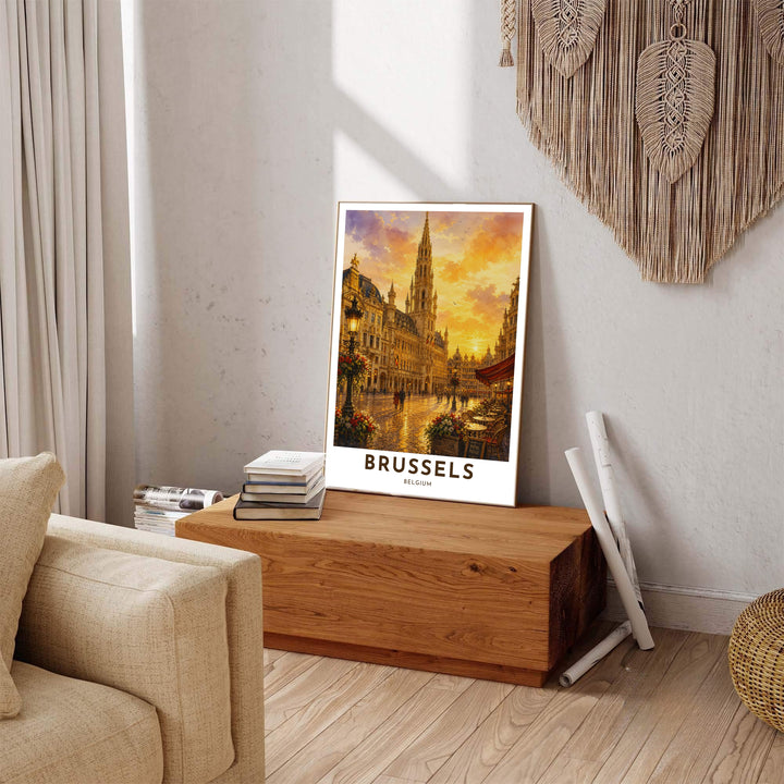 Captivating European travel print capturing pedestrians strolling across the illuminated square of Brussels Grand Place in Belgium at dusk. Available across multiple options including unframed art paper, custom framed poster styles, and gallery canvas wall displays.