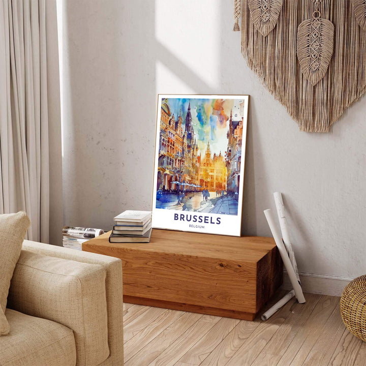 Captivating European travel print capturing passersby walking along the sunlit plaza of Brussels Grand Place in Belgium. Available across multiple options including unframed art paper, custom framed poster styles, and gallery canvas wall displays.