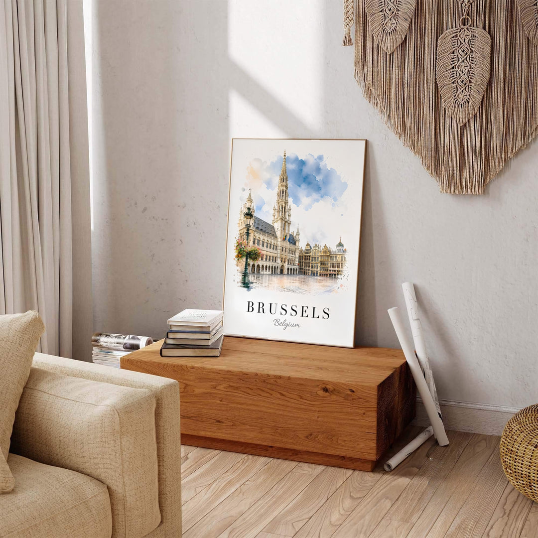 Captivating European travel print capturing the quiet morning atmosphere of Brussels Grand Place in Belgium. Available across multiple options including unframed art paper, custom framed poster styles, and gallery canvas wall displays.