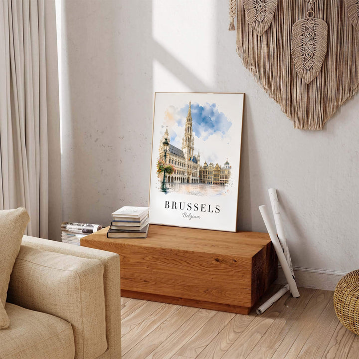 Captivating European travel print capturing the quiet morning atmosphere of Brussels Grand Place in Belgium. Available across multiple options including unframed art paper, custom framed poster styles, and gallery canvas wall displays.
