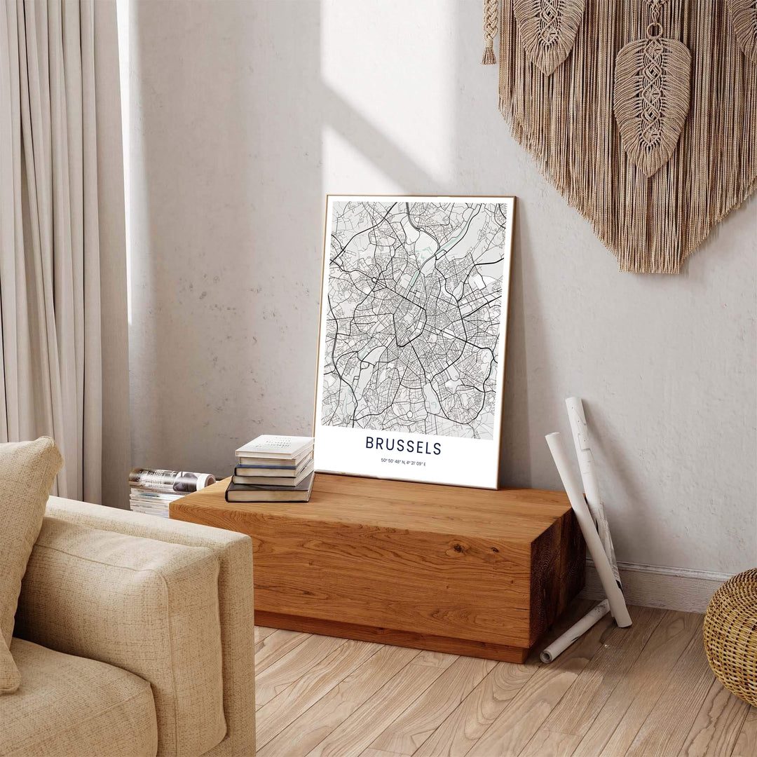 Captivating street grid print displaying the exact coordinates and crisp road network of Brussels in Belgium for modern office decor. Available across multiple options including unframed art paper, custom framed poster styles, and gallery canvas wall displays.