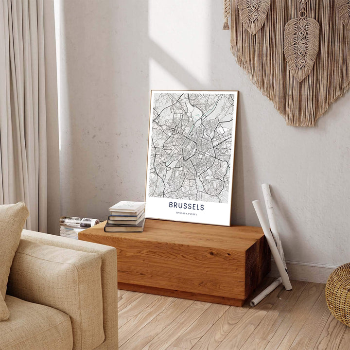 Captivating street grid print displaying the exact coordinates and crisp road network of Brussels in Belgium for modern office decor. Available across multiple options including unframed art paper, custom framed poster styles, and gallery canvas wall displays.